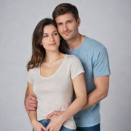 A loving couple standing together, the man gently holding his partner's waist, the woman is resting her head on man's shoulder. Both are wearing casual clothes, and having a serene expression on their faces.