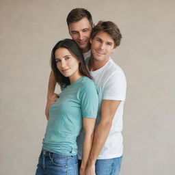 A loving couple standing together, the man gently holding his partner's waist, the woman is resting her head on man's shoulder. Both are wearing casual clothes, and having a serene expression on their faces.