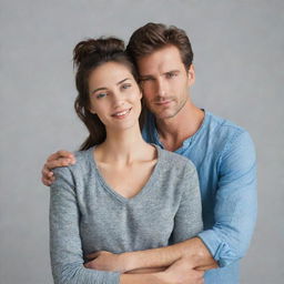 A loving couple standing together, the man gently holding his partner's waist, the woman is resting her head on man's shoulder. Both are wearing casual clothes, and having a serene expression on their faces.