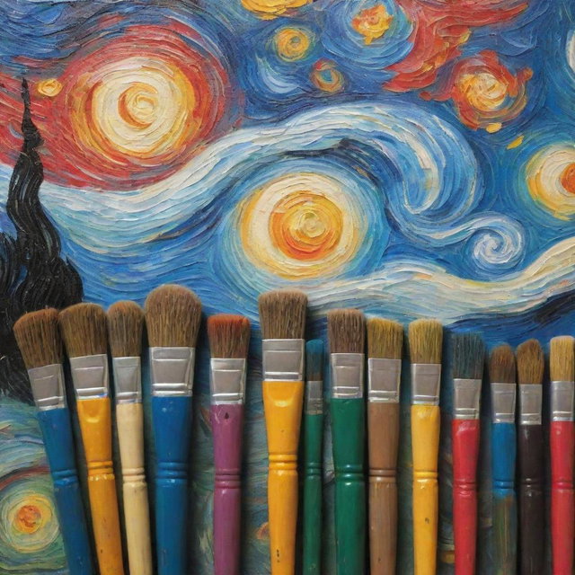 A collection of paint brushes, bristles laden with bold, vibrant colors, in front of a completed Van Gogh-style painting, characterized by its expressive brushwork and swirling skies.