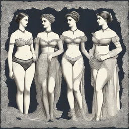 A high-quality digital art image showcasing women in Victorian-era underwear