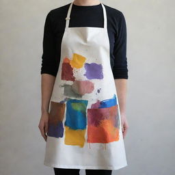 An artist's apron, worn with splashes of various paint colors, including a uniquely aesthetic painting meticulously designed on its front pocket.