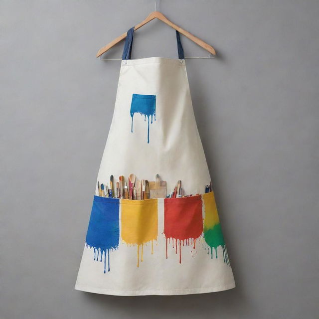 An artist's apron, worn with splashes of various paint colors, including a uniquely aesthetic painting meticulously designed on its front pocket.