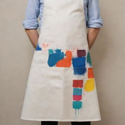 An artist's apron, worn with splashes of various paint colors, including a uniquely aesthetic painting meticulously designed on its front pocket.