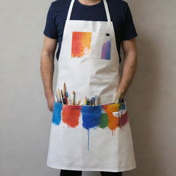 An artist's apron, worn with splashes of various paint colors, including a uniquely aesthetic painting meticulously designed on its front pocket.