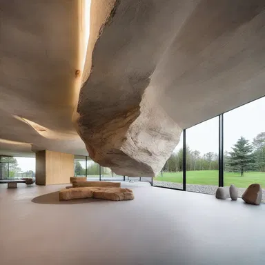 The architect used a living rock as a unique focal point in the modern building design.