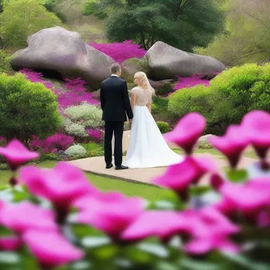 The couple visited a picturesque garden where a living rock with vibrant magenta flowers created a romantic atmosphere.