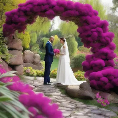 The couple visited a picturesque garden where a living rock with vibrant magenta flowers created a romantic atmosphere.