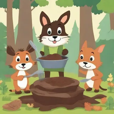 In the children's book, the adventurous main character bakes a mud pie for the forest animals to enjoy.