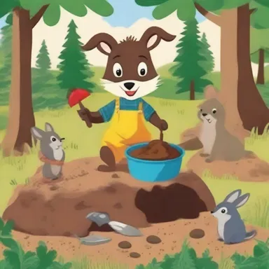 In the children's book, the adventurous main character bakes a mud pie for the forest animals to enjoy.