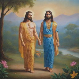 A painting of Jesus Christ and Lord Krishna together in a serene landscape, displaying mutual respect and spirituality.