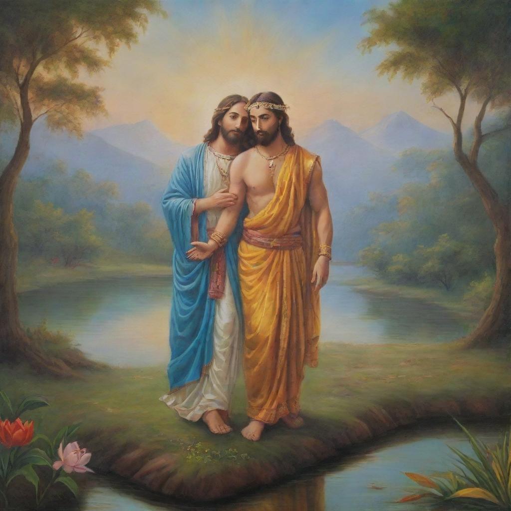 A painting of Jesus Christ and Lord Krishna together in a serene landscape, displaying mutual respect and spirituality.