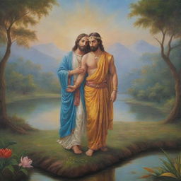 A painting of Jesus Christ and Lord Krishna together in a serene landscape, displaying mutual respect and spirituality.