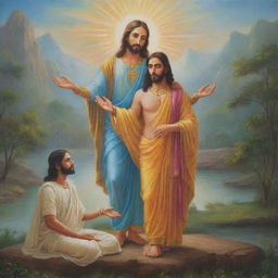 A painting of Jesus Christ and Lord Krishna together in a serene landscape, displaying mutual respect and spirituality.