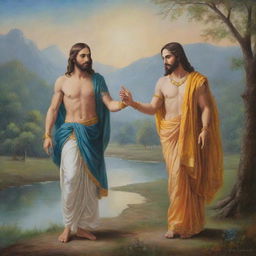 A painting of Jesus Christ and Lord Krishna together in a serene landscape, displaying mutual respect and spirituality.