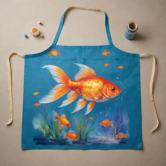 An artist's apron, stylishly smeared with paints, featuring a detailed and aesthetically pleasing painting on its pocket area - it's a vivid illustration of a goldfish bowl, a paintbrush submerged within, and gold fish elegantly swimming around.