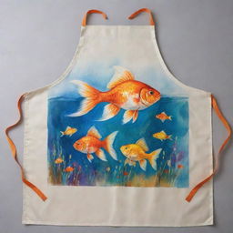 An artist's apron, stylishly smeared with paints, featuring a detailed and aesthetically pleasing painting on its pocket area - it's a vivid illustration of a goldfish bowl, a paintbrush submerged within, and gold fish elegantly swimming around.