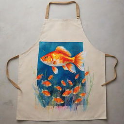 An artist's apron, stylishly smeared with paints, featuring a detailed and aesthetically pleasing painting on its pocket area - it's a vivid illustration of a goldfish bowl, a paintbrush submerged within, and gold fish elegantly swimming around.