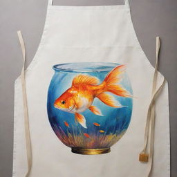 An artist's apron, stylishly smeared with paints, featuring a detailed and aesthetically pleasing painting on its pocket area - it's a vivid illustration of a goldfish bowl, a paintbrush submerged within, and gold fish elegantly swimming around.