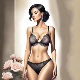 A high-quality digital art image featuring a woman in elegant lingerie