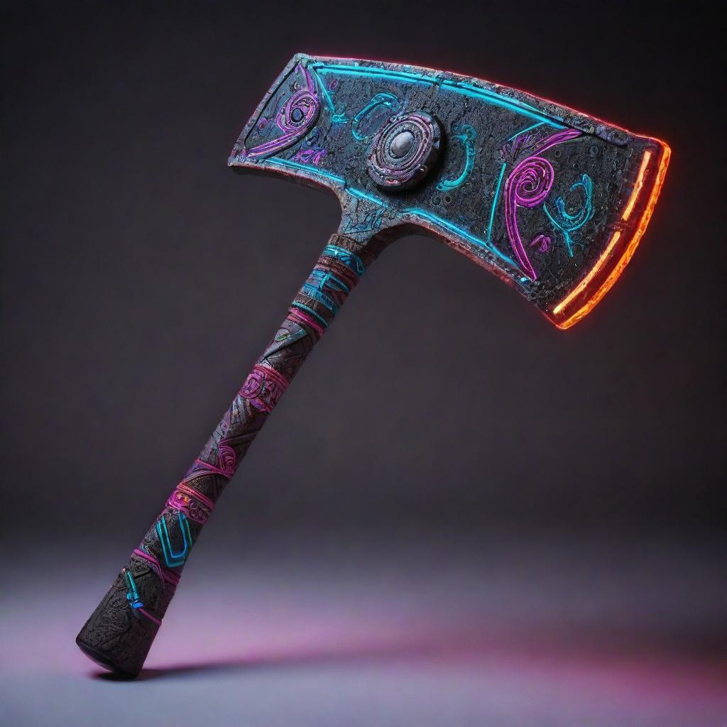 An ancient Indian axe upgraded with vibrant neon details and intricate cyberpunk elements