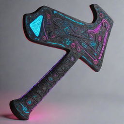 An ancient Indian axe upgraded with vibrant neon details and intricate cyberpunk elements