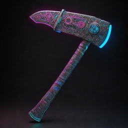 An ancient Indian axe upgraded with vibrant neon details and intricate cyberpunk elements