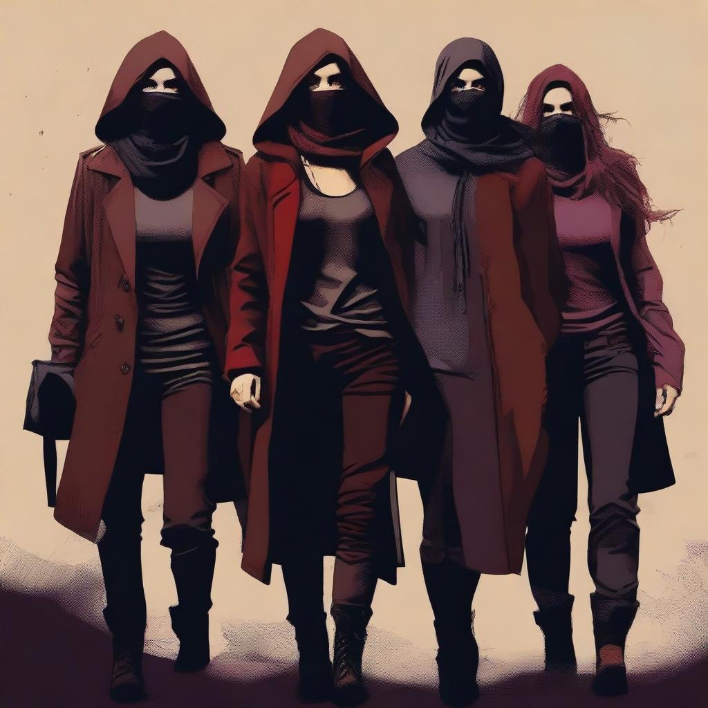 A high-quality digital art image that depicts a group of women with an air of mystery and danger