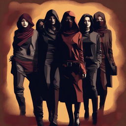 A high-quality digital art image that depicts a group of women with an air of mystery and danger