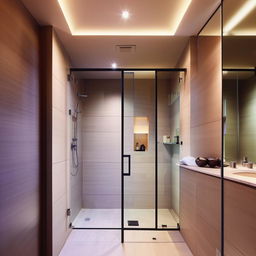 Illustrate a modern 54 square feet bathroom with a 9 square feet glass shower cubicle, featuring sleek fixtures and bright lighting.