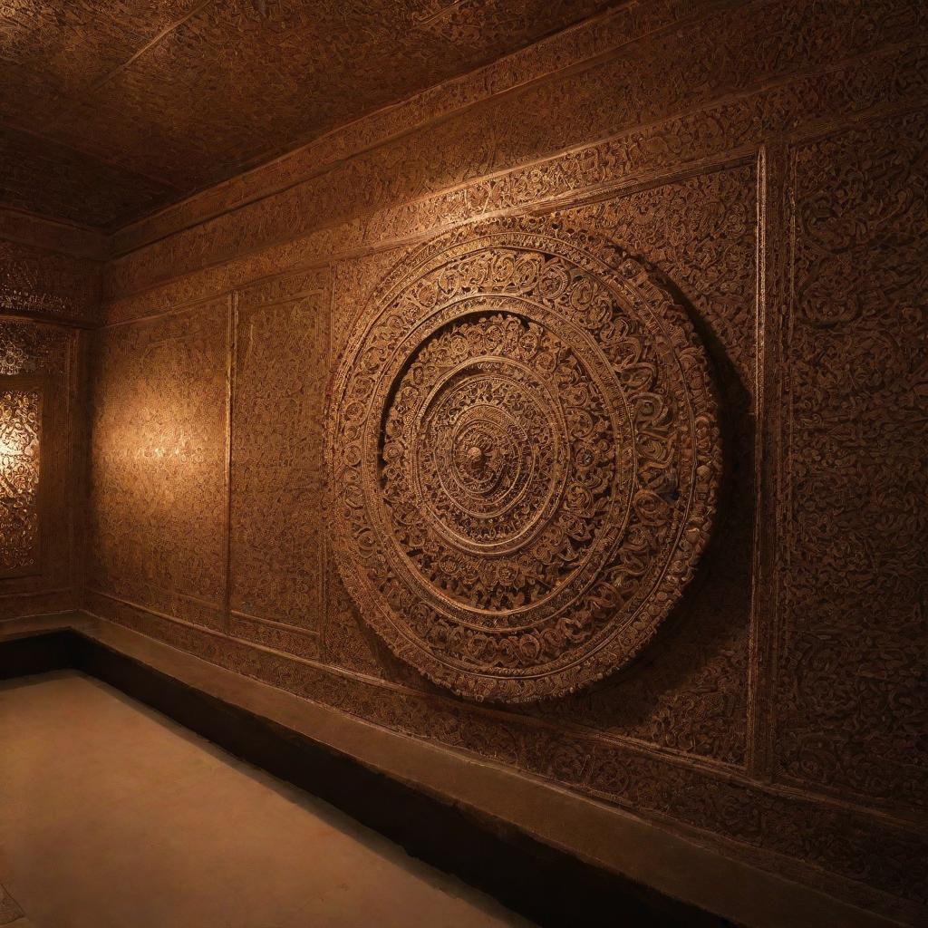 A wall adorned with intricate traditional Indian designs, bathed in normal lighting