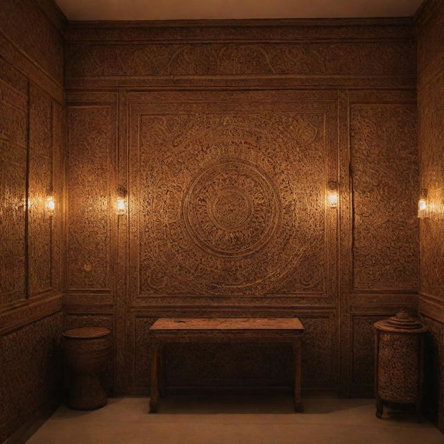 A wall adorned with intricate traditional Indian designs, bathed in normal lighting