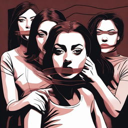 A high-quality digital art image that portrays a scene of tension featuring women who appear to be tape-gagged