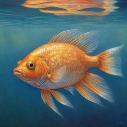 A charming, detailed painting of a golden fish, swimming in clear, glimmering water, its iridescent scales reflecting the colors of a sunset.