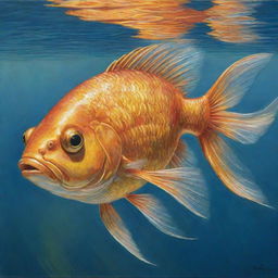 A charming, detailed painting of a golden fish, swimming in clear, glimmering water, its iridescent scales reflecting the colors of a sunset.