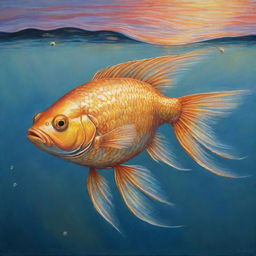 A charming, detailed painting of a golden fish, swimming in clear, glimmering water, its iridescent scales reflecting the colors of a sunset.