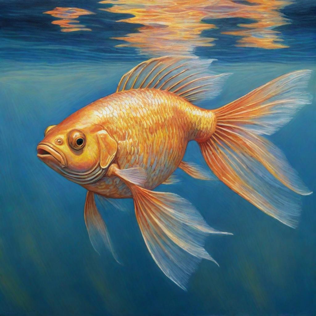 A charming, detailed painting of a golden fish, swimming in clear, glimmering water, its iridescent scales reflecting the colors of a sunset.