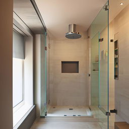 Illustrate a modern 54 square feet bathroom with a 9 square feet glass shower cubicle, featuring sleek fixtures and bright lighting.