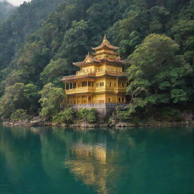 A golden city building surrounded by lush green forest and crystal clear water.