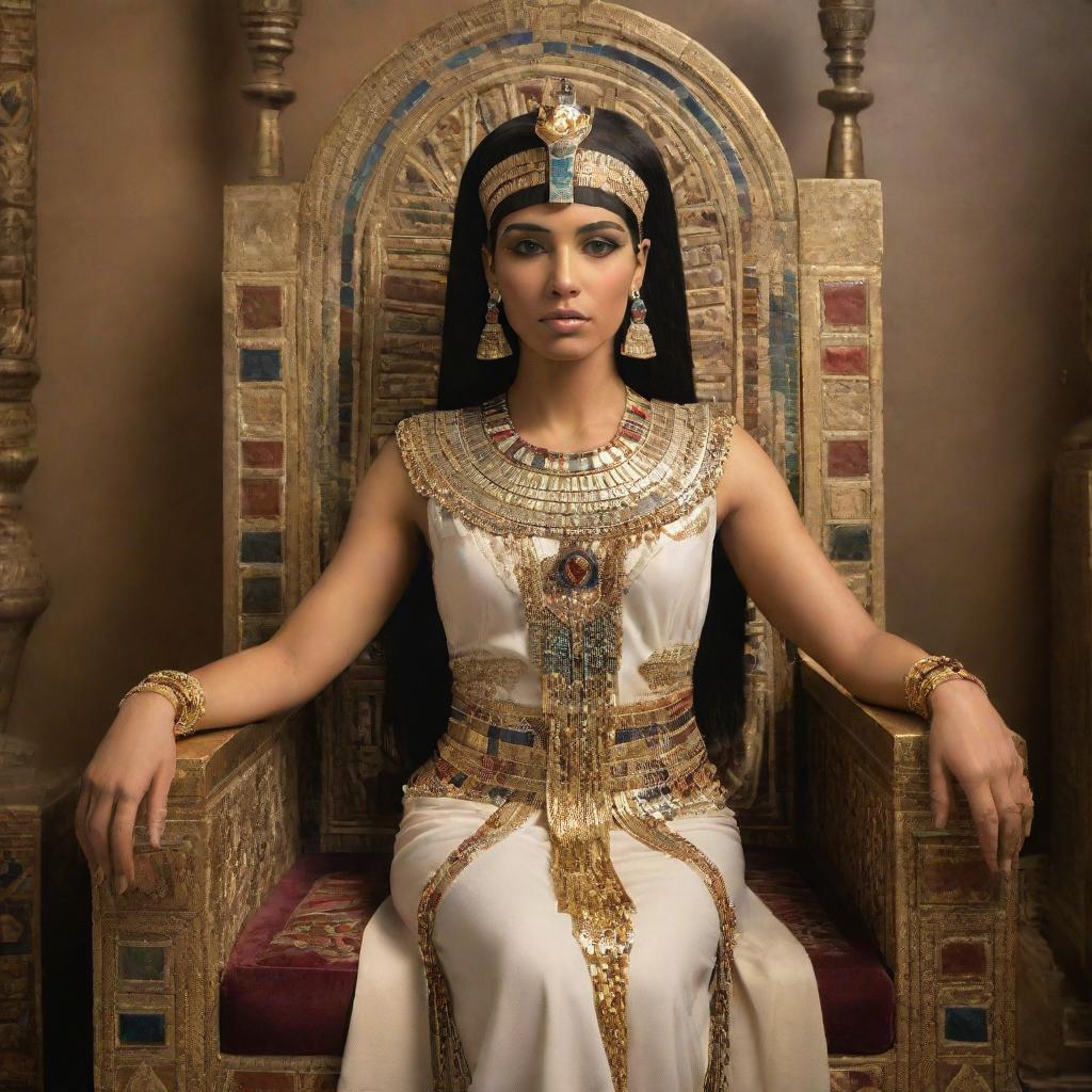 An elegant portrait of Cleopatra in traditional Egyptian royal attire, adorned with gold and precious gems, seated on her throne in a lavishly decorated room.