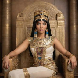 An elegant portrait of Cleopatra in traditional Egyptian royal attire, adorned with gold and precious gems, seated on her throne in a lavishly decorated room.