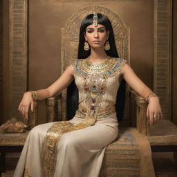 An elegant portrait of Cleopatra in traditional Egyptian royal attire, adorned with gold and precious gems, seated on her throne in a lavishly decorated room.