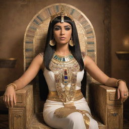 An elegant portrait of Cleopatra in traditional Egyptian royal attire, adorned with gold and precious gems, seated on her throne in a lavishly decorated room.