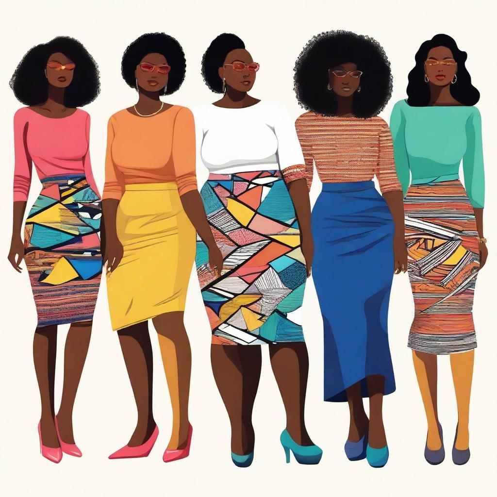 An image featuring a group of diverse women, each confidently wearing a stylish, tight skirt