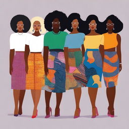 An image featuring a group of diverse women, each confidently wearing a stylish, tight skirt
