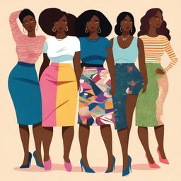 An image featuring a group of diverse women, each confidently wearing a stylish, tight skirt