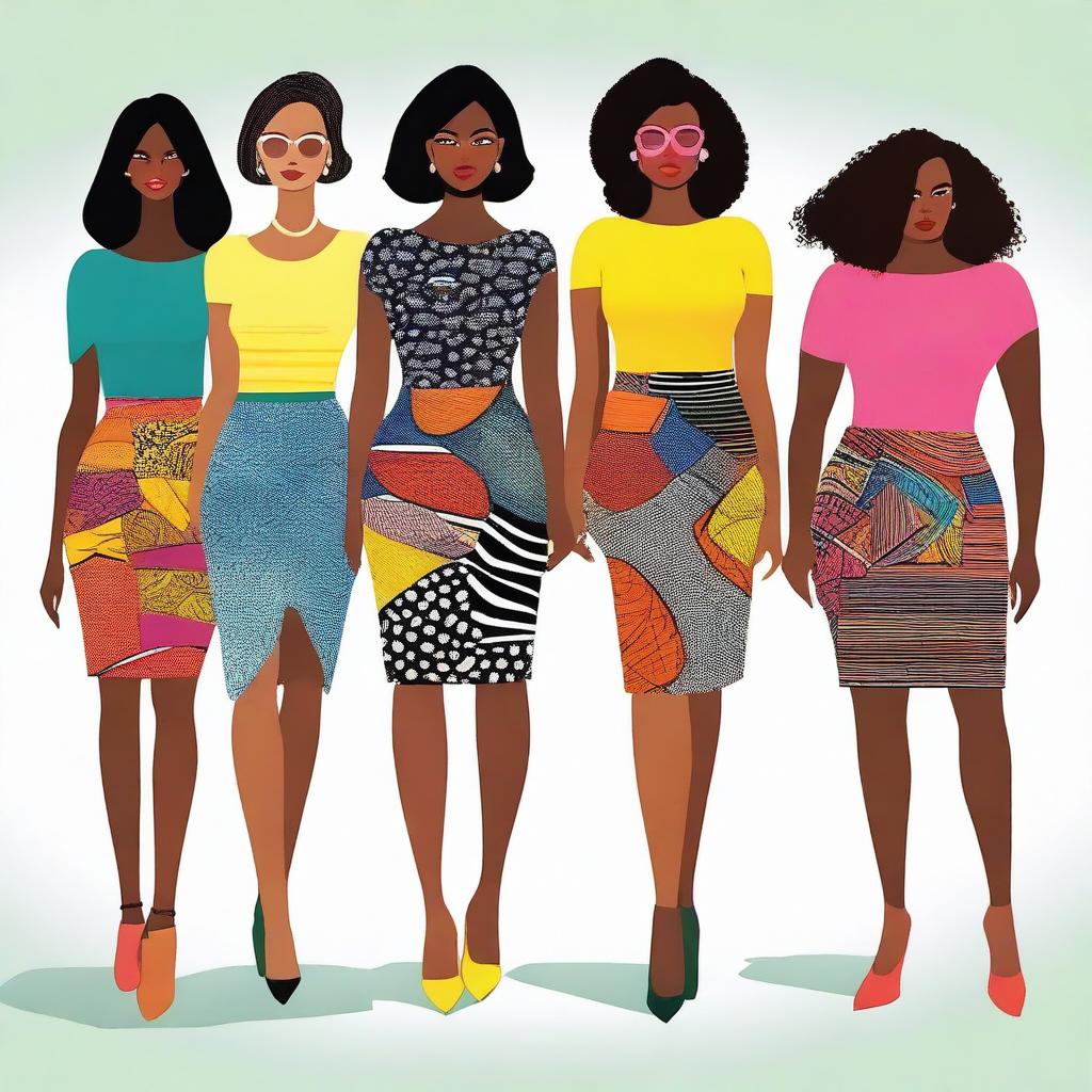 An image featuring a group of diverse women, each confidently wearing a stylish, tight skirt