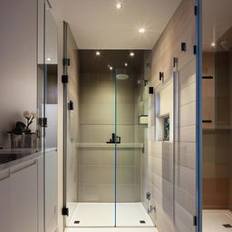 Illustrate a modern 54 square feet bathroom with a 9 square feet glass shower cubicle, featuring sleek fixtures and bright lighting.