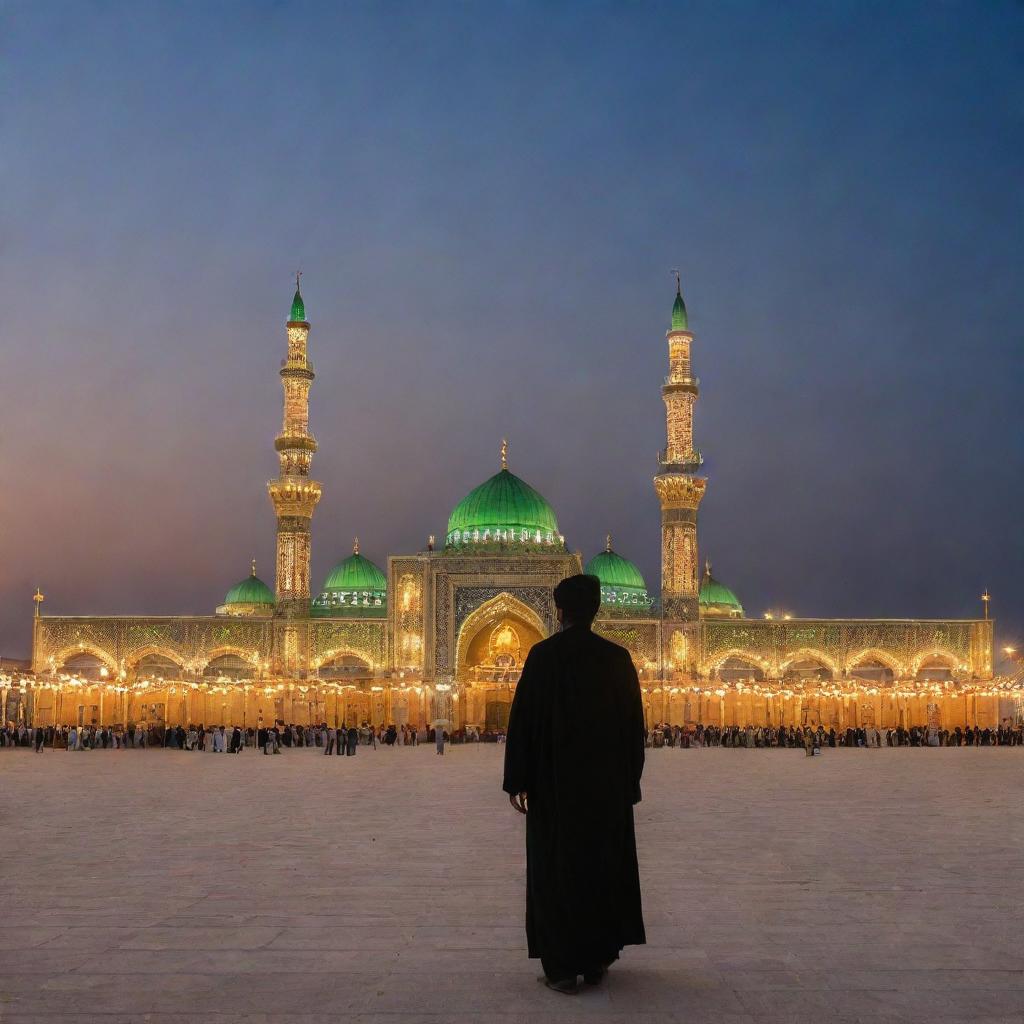 Imam Hussein near the Holy Shrine in Karbala, illuminated under the desert sky with traditional Arabic architecture in the backdrop