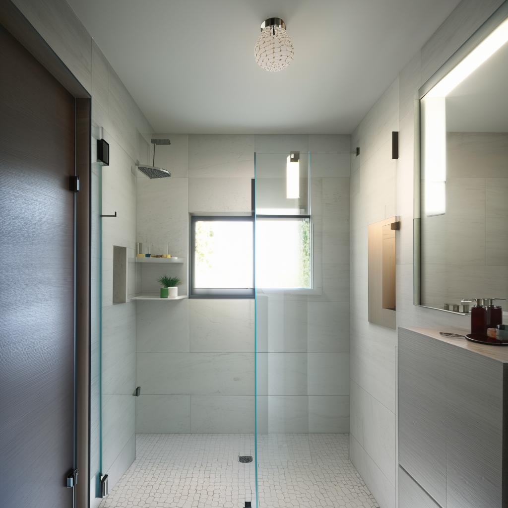 Illustrate a modern 54 square feet bathroom with a 9 square feet glass shower cubicle, featuring sleek fixtures and bright lighting.